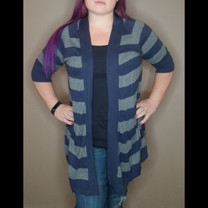Express navy & gray striped open front 3/4 sleeve lightweight cardigan